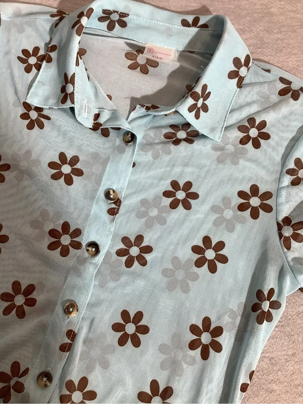 Sheer Light Blue Floral Button-Front Women's Top